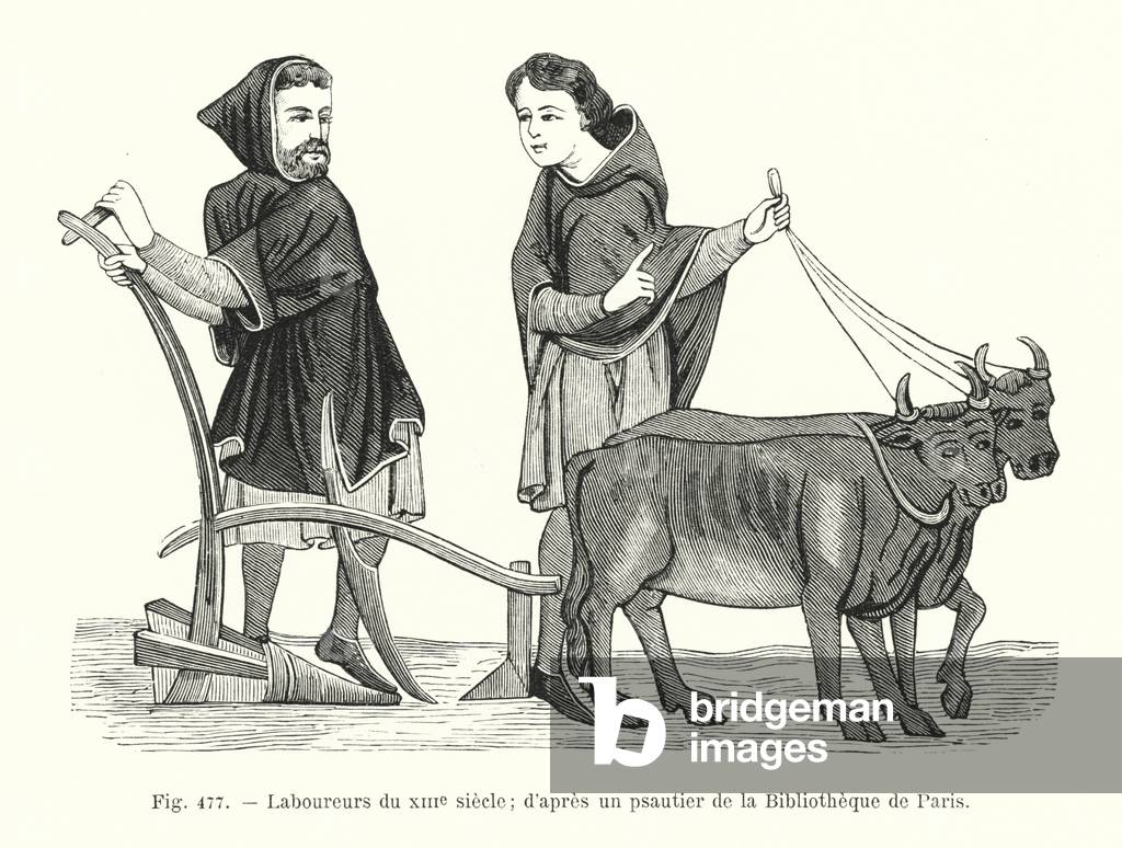 Laboureurs du XIIIe siecle; d'apres un psautier de la Bibliotheque de Paris (engraving)