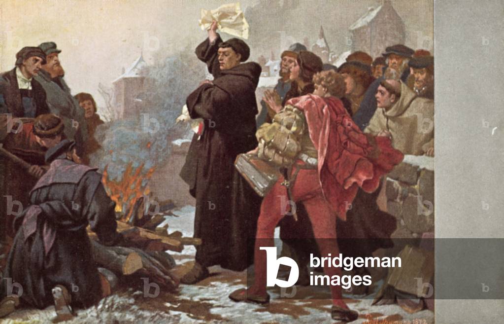 Martin Luther burning the papal bull threatening him with excommunication before the Elstertor at Wittenberg, Germany, 10 December 1520 (colour litho)