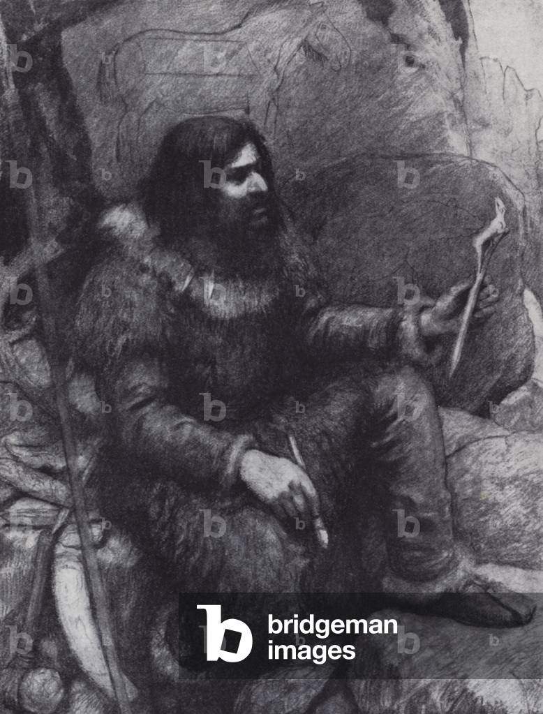 Neolithic man creating art from bone, 15,000 years ago (litho)