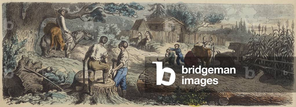 A new settlement in the American West (coloured engraving)