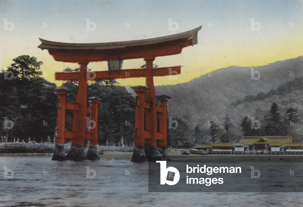 Japan, c.1912: The Sacred island, Miyajima, in inland sea, one of three most noted scenes of Japan; The Temple was erected here by Kiyomori in the 12th century (photo)