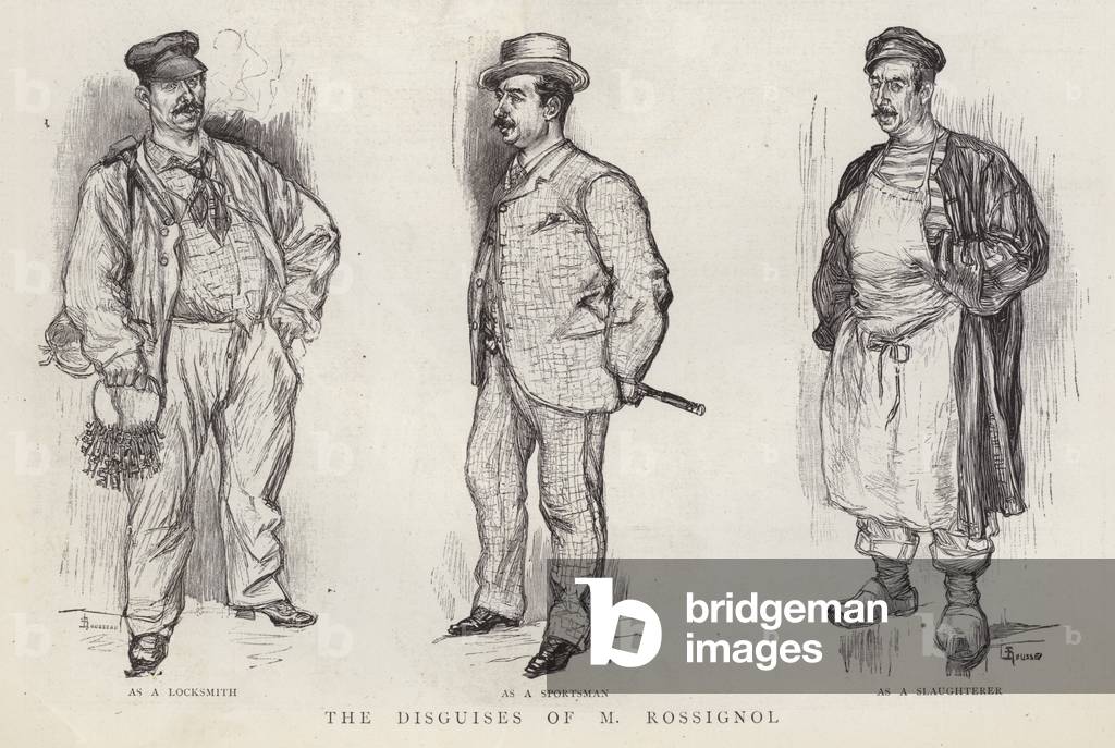 Disguises used by Parisian police detective Gustave Rossignol (litho)