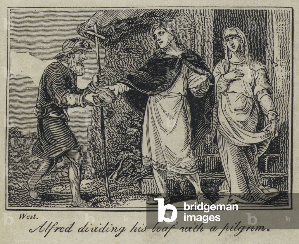Alfred dividing his loaf with a pilgrim (engraving)