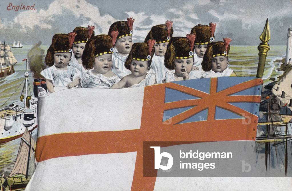 Babies in uniforms with St George's flag (colour photo)