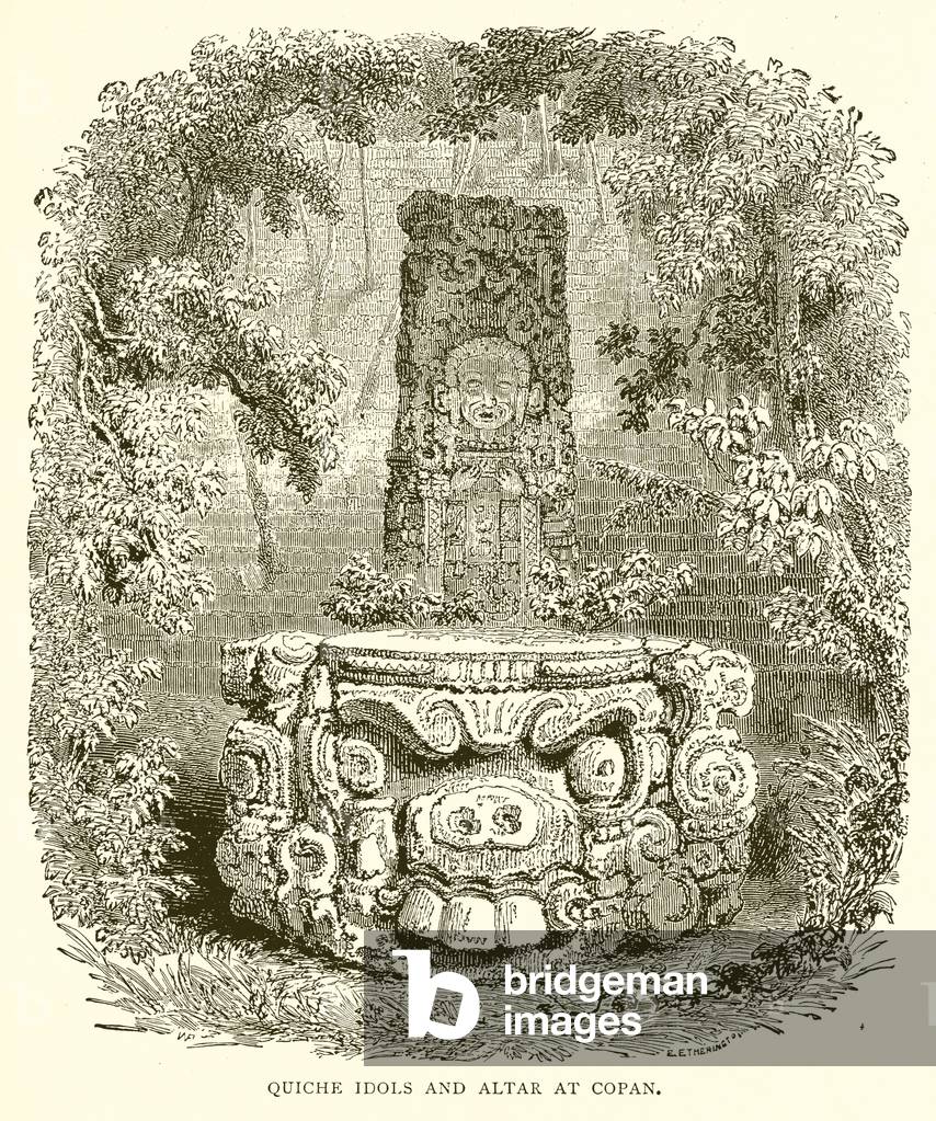 Quiche Idols and Altar at Copan (engraving)