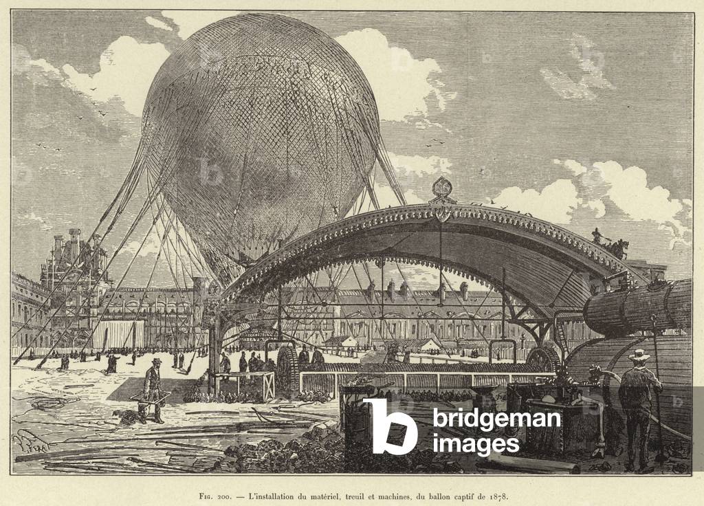 L'installation du materiel, treuil et machines, du ballon captif de 1878 (engraving)
