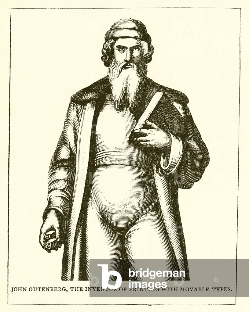 John Gutenberg, the Inventor of Printing with Movable Types (engraving)