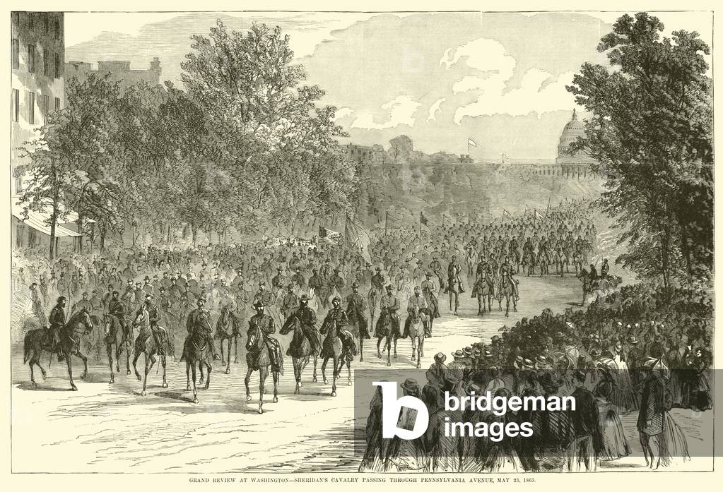 Grand review at Washington, Sheridan's cavalry passing through Pennsylvania Avenue, 23 May 1865, May 1865 (engraving)