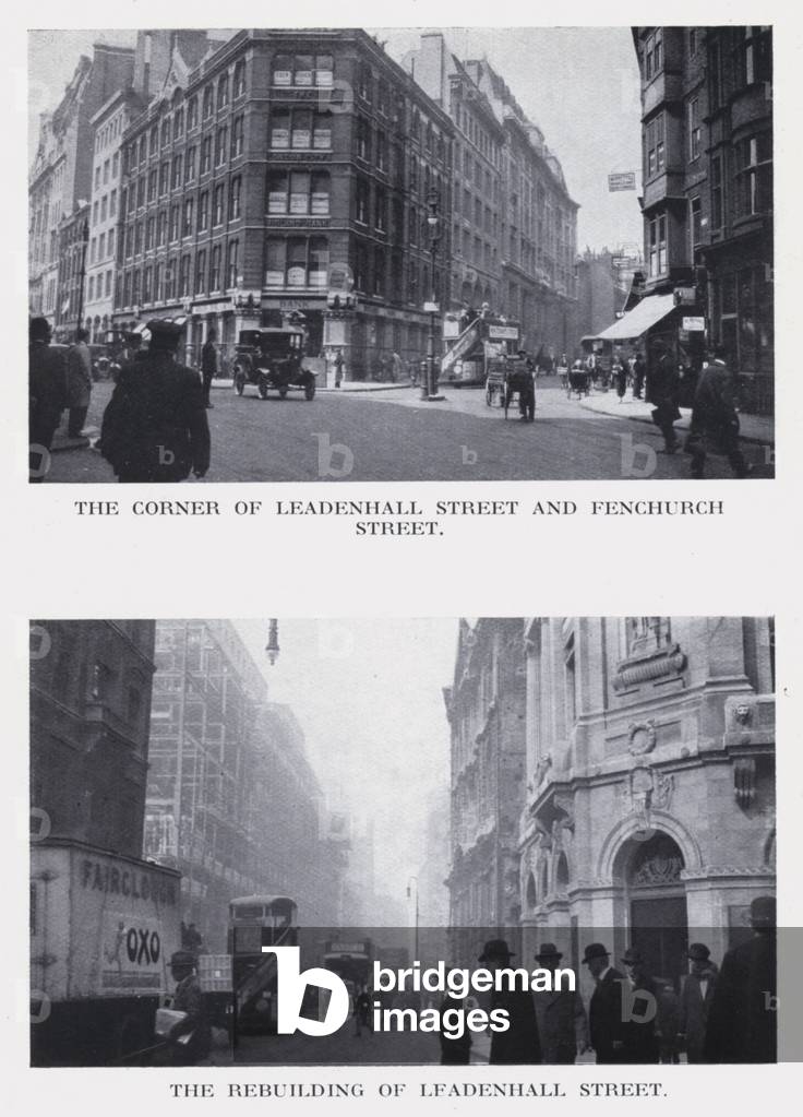 The corner of Leadenhall Street and Fenchurch Street; The rebuilding of Leadenhall Street (b/w photo)