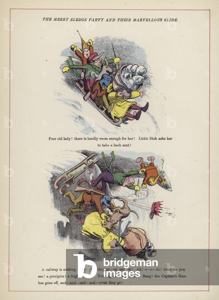 The merry sledge party and thier marvellous slide (colour litho)