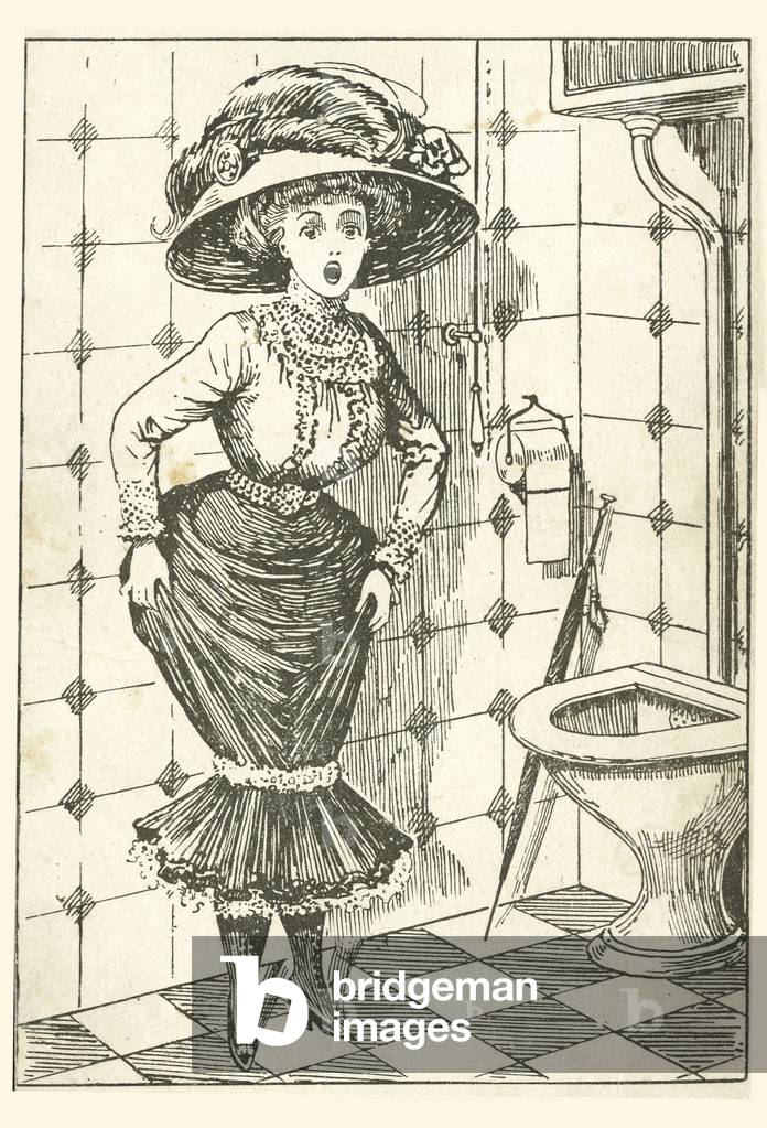 Girl having difficulties in the toilet (litho)