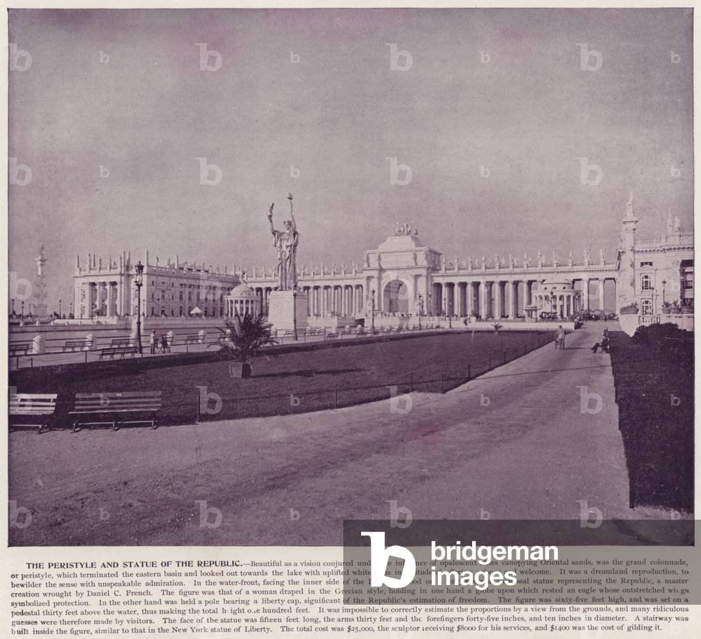 Chicago World's Fair, 1893: The Peristyle and Statue of the Republic (b/w photo)