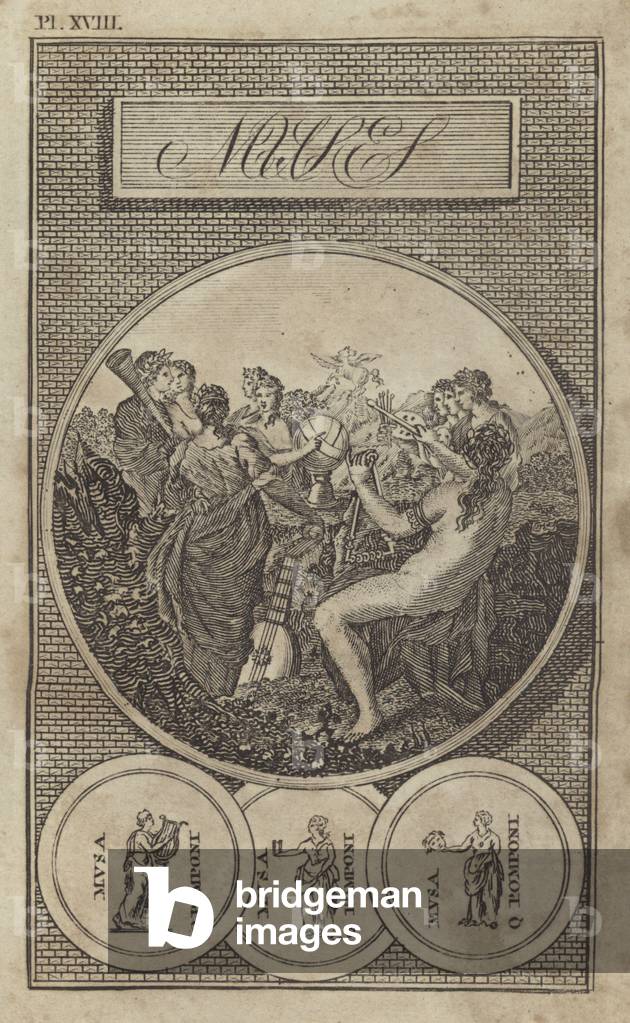 The Muses, ancient Greek and Roman goddesses of literature, science and the arts (engraving)