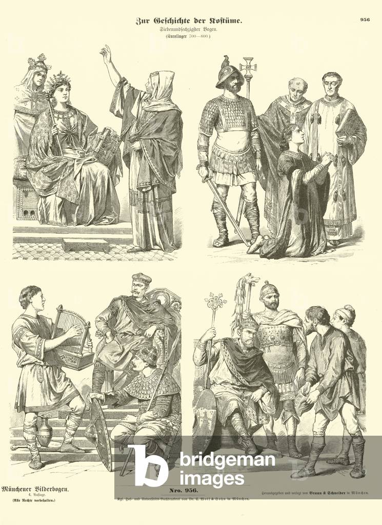 Carolingian Frankish costumes, 8th Century (engraving)