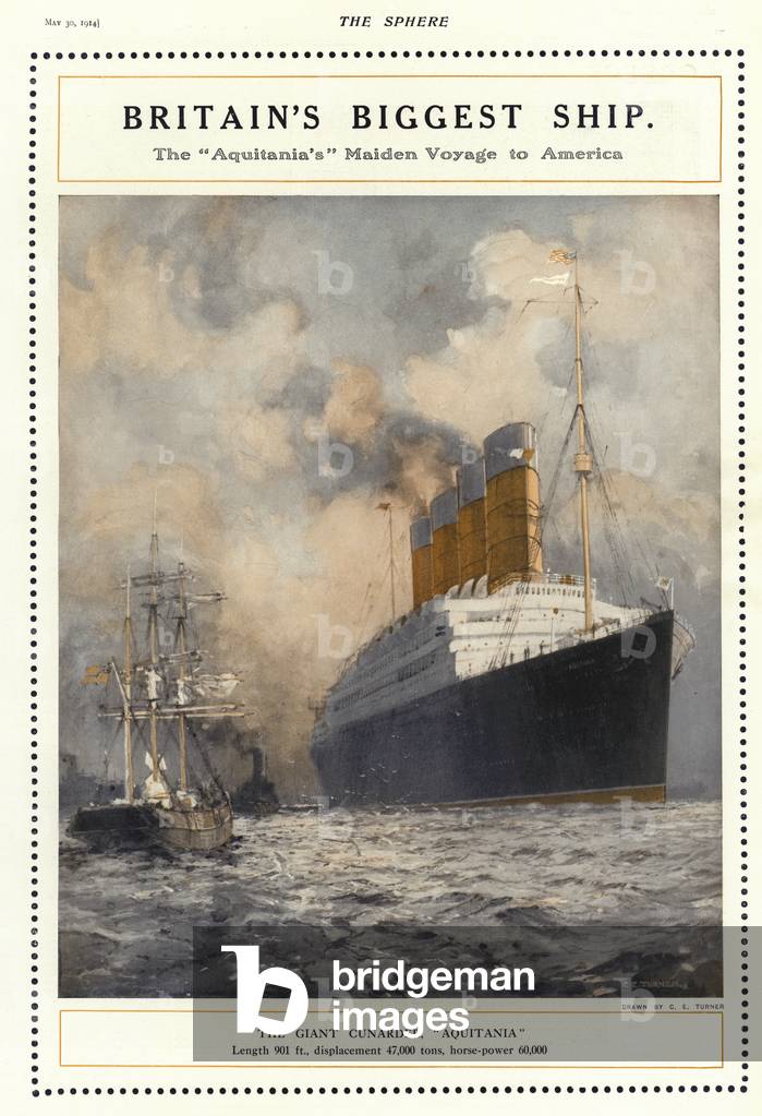 Maiden voyage of the Cunard liner Aquitania to America, 1914 (colour litho)