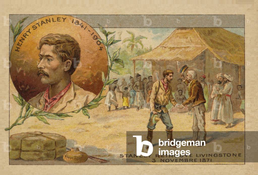 Henry Stanley (1841-1904) finding David Livingstone (1813-1873) in Africa on 3 November 1871 (chromolitho)