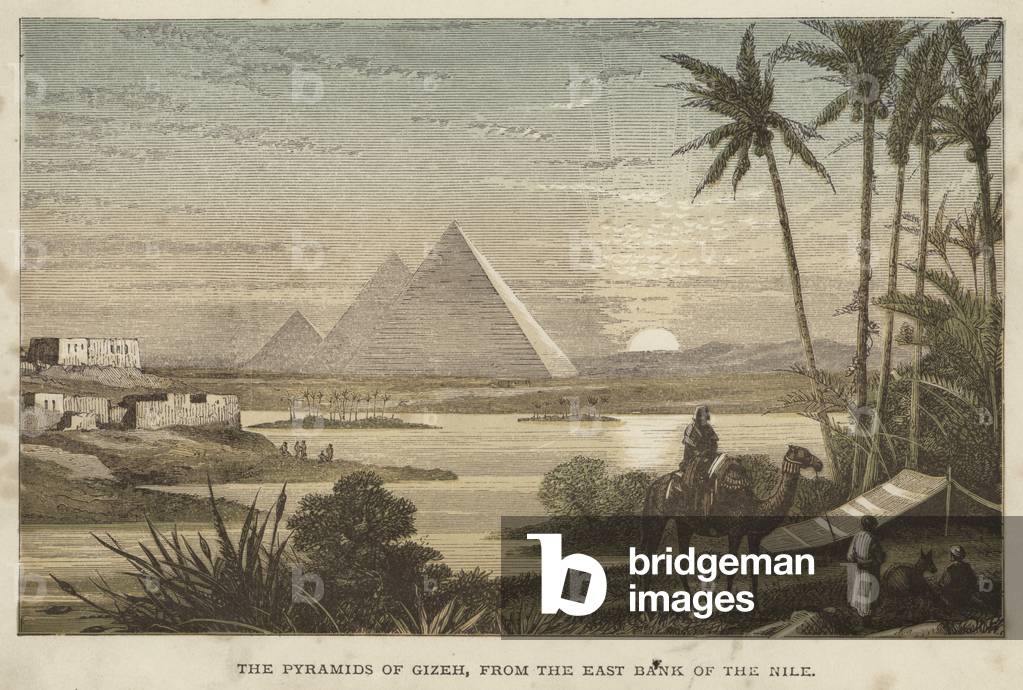 The Pyramids of Gizeh, from the East Bank of the Nile (coloured engraving)