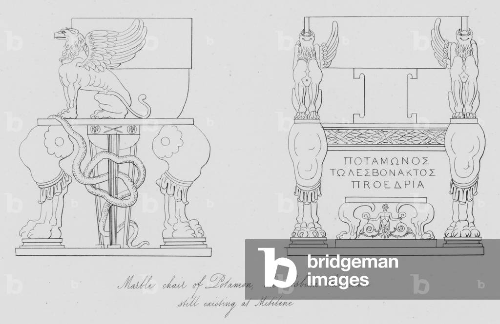 Marble chair of Polamon, the Lesbian rhetorician still existing at Mitilene (engraving)