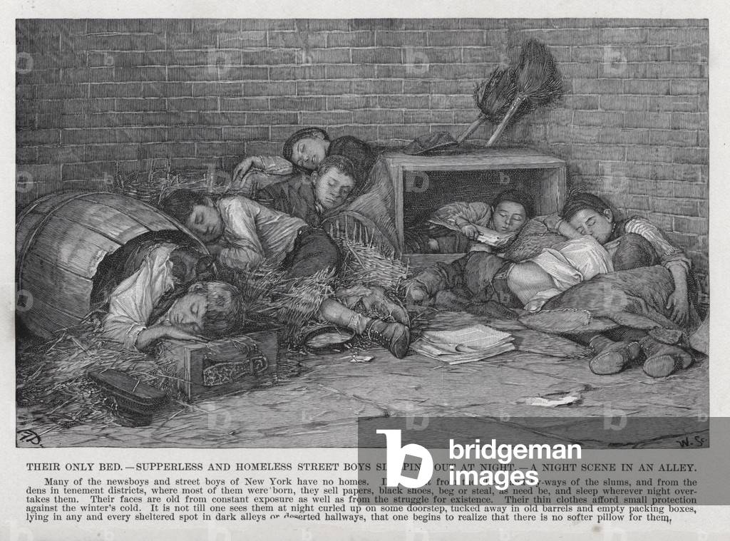 Their Only Bed, Supperless and Homeless Street Boys sleeping out at Night, A Night Scene in an Alley (litho)