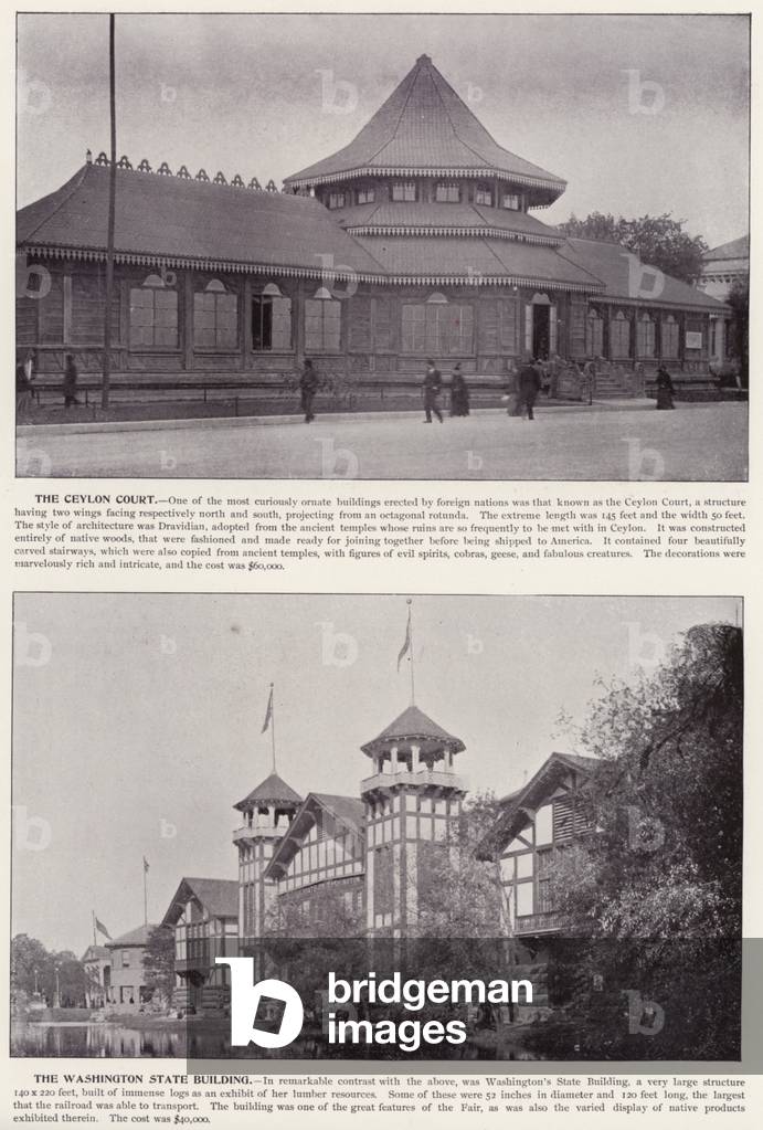Chicago World's Fair, 1893: The Ceylon Court; The Washington State Building (b/w photo)