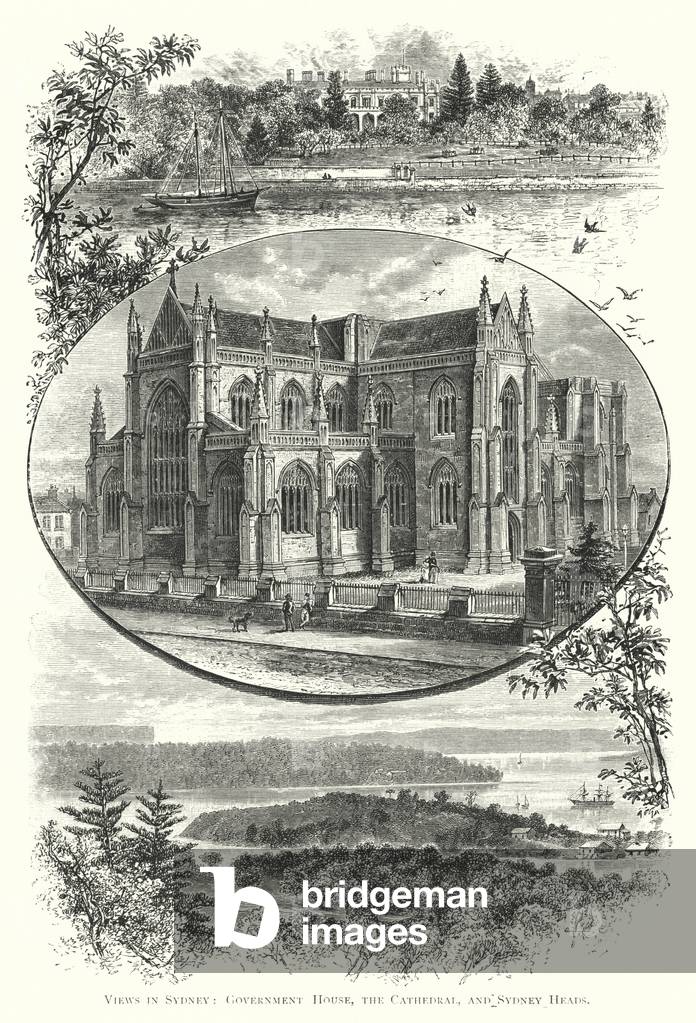 Australia: Views in Sydney, Government House, the Cathedral, and Sydney Heads (engraving)