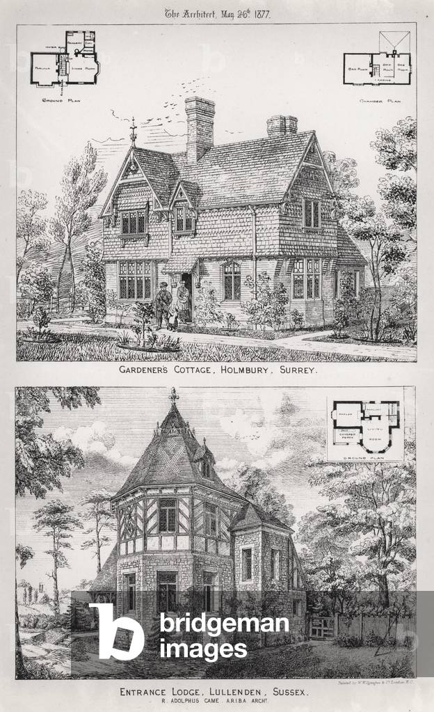 Gardener's Cottage, Holmbury, Surrey; Entrance Lodge, Lullenden, Sussex (engraving)
