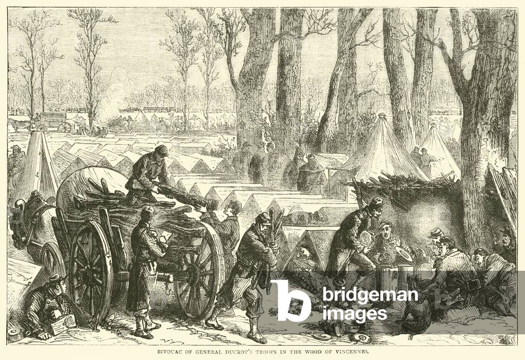 Bivouac of General Ducrot's troops in the wood of Vincennes, October 1870 (engraving)