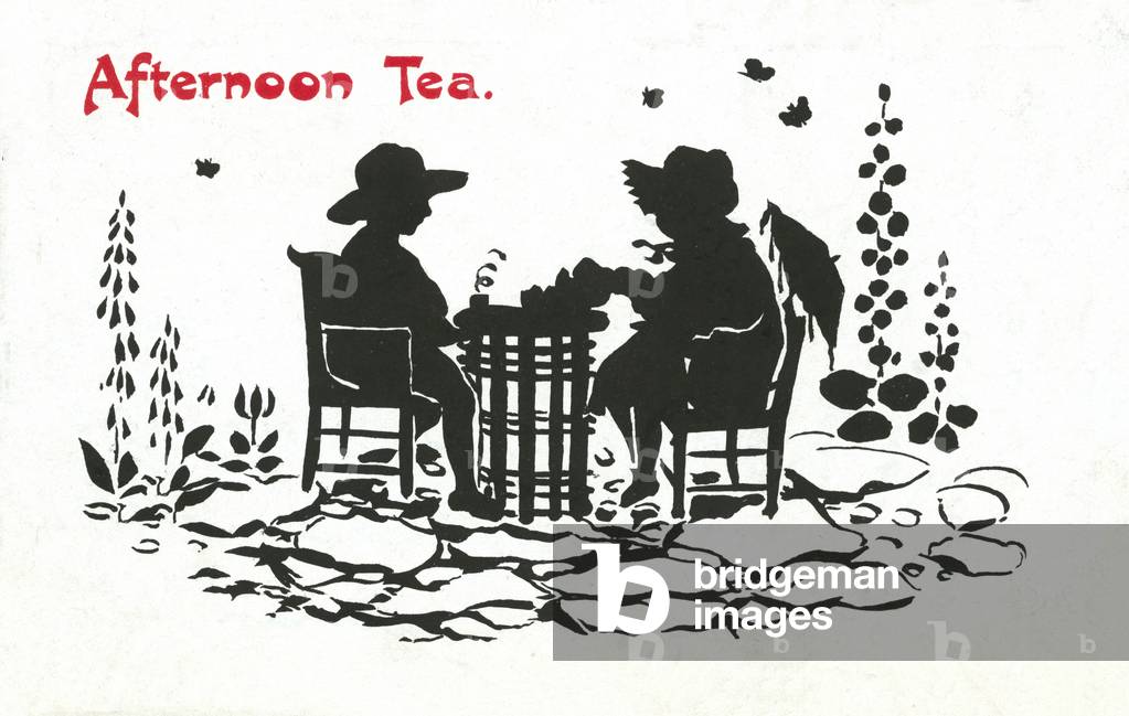 Silhouette of a boy and girl taking afternoon tea in a garden (colour litho)