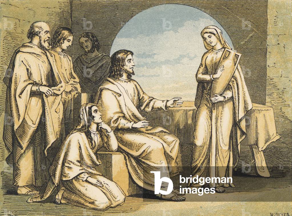 Mary at the feet of Jesus (coloured engraving)