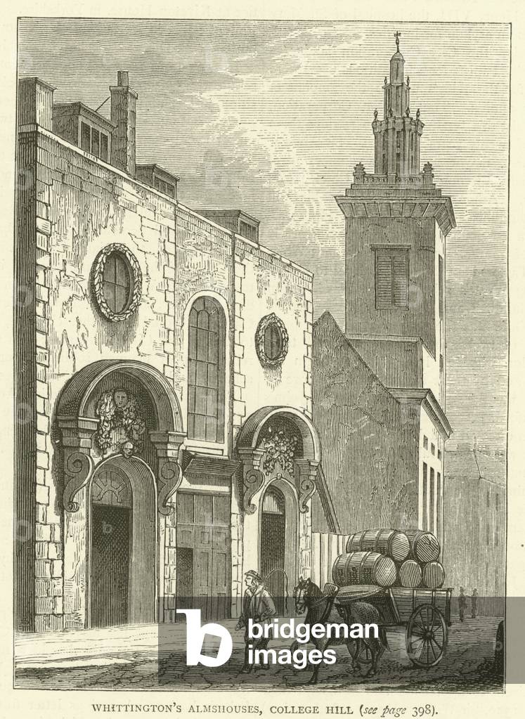 Whittington's Almshouses, College Hill (engraving)