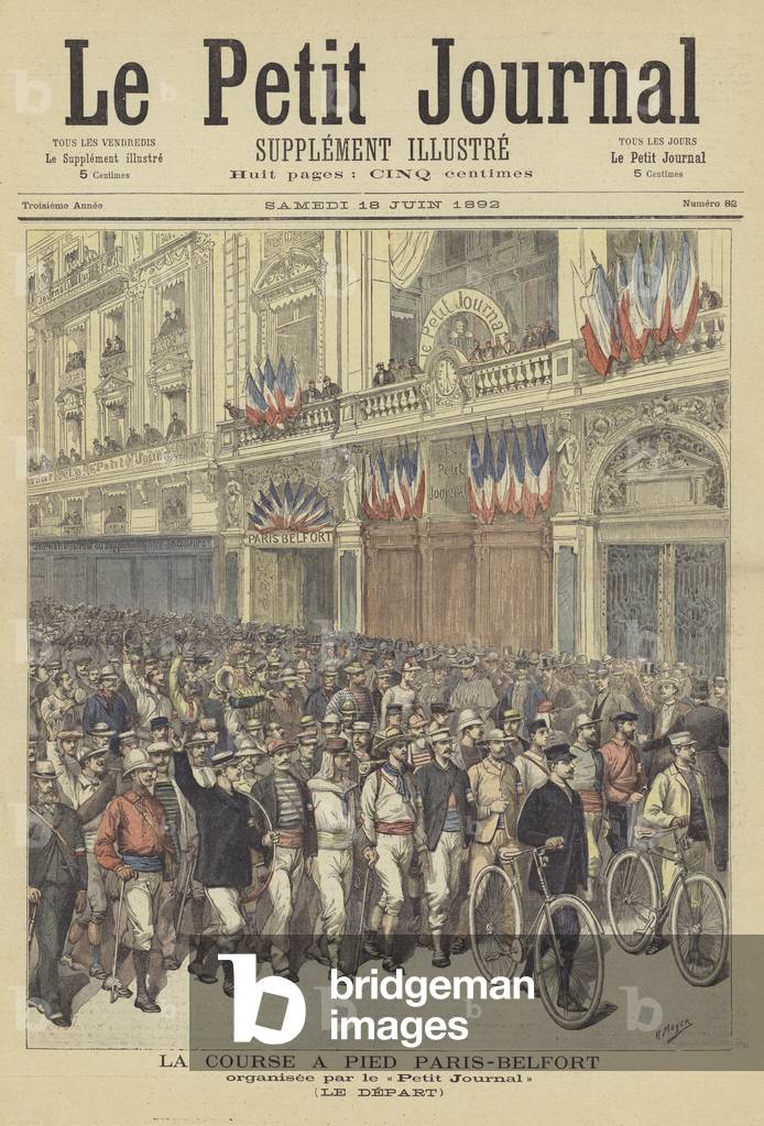 Start of the Paris-Belfort running race (colour litho)