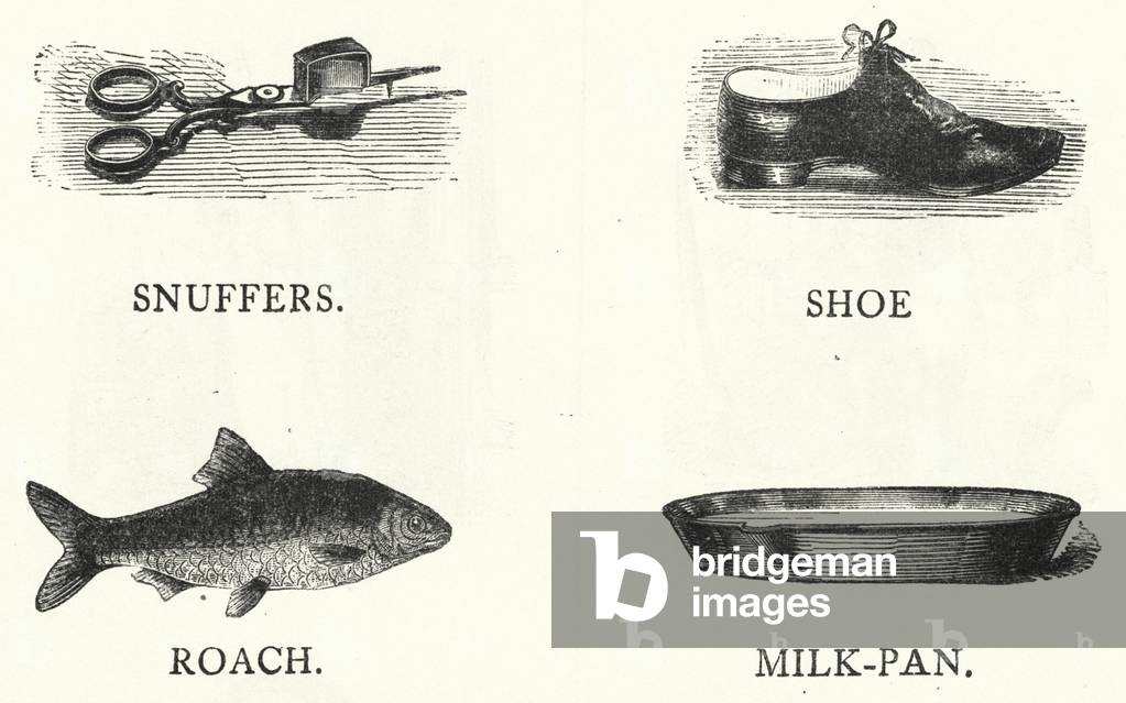 Snuffers; Shoe; Roach; Milk Pan (engraving)
