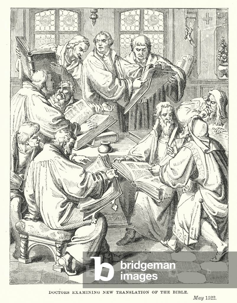 Doctors examining new translation of the Bible (engraving)