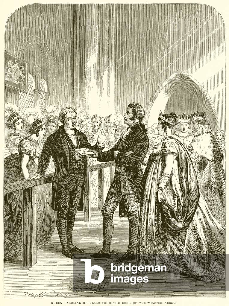 Queen Caroline repulsed from the Door of Westminster Abbey (engraving)