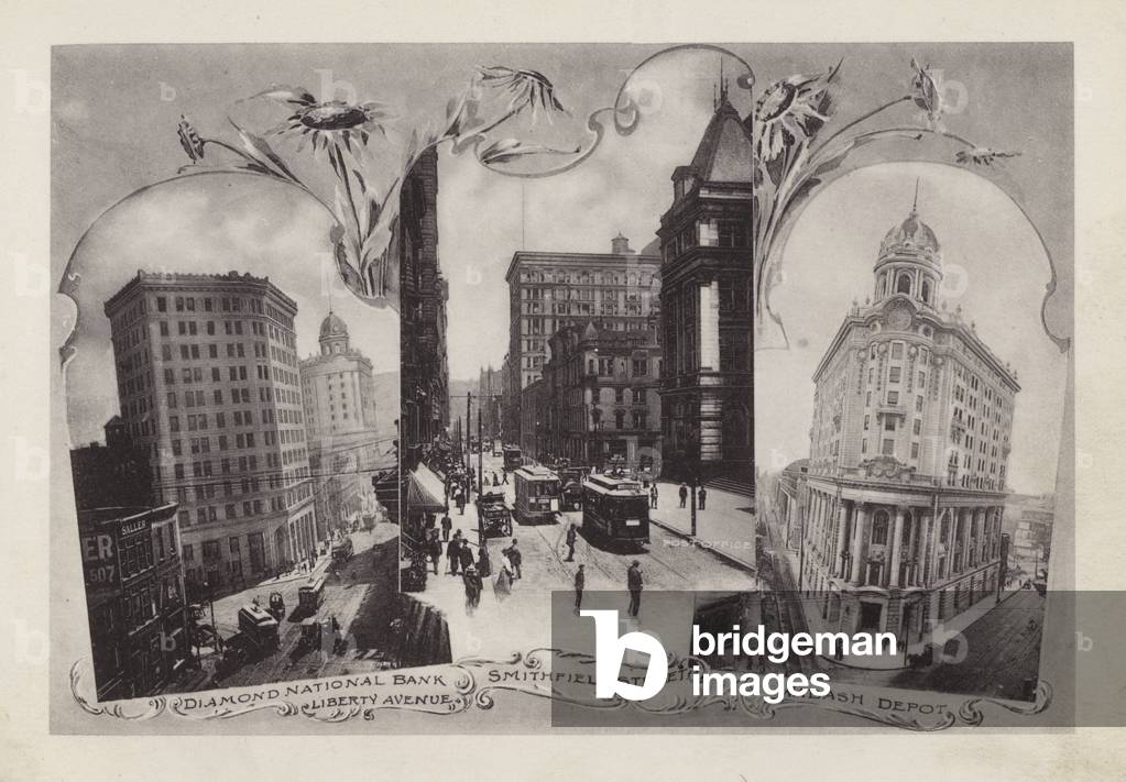Pittsburgh: Diamond National Bank; Smithfield Street, Wabash Depot, Liberty Avenue (b/w photo)