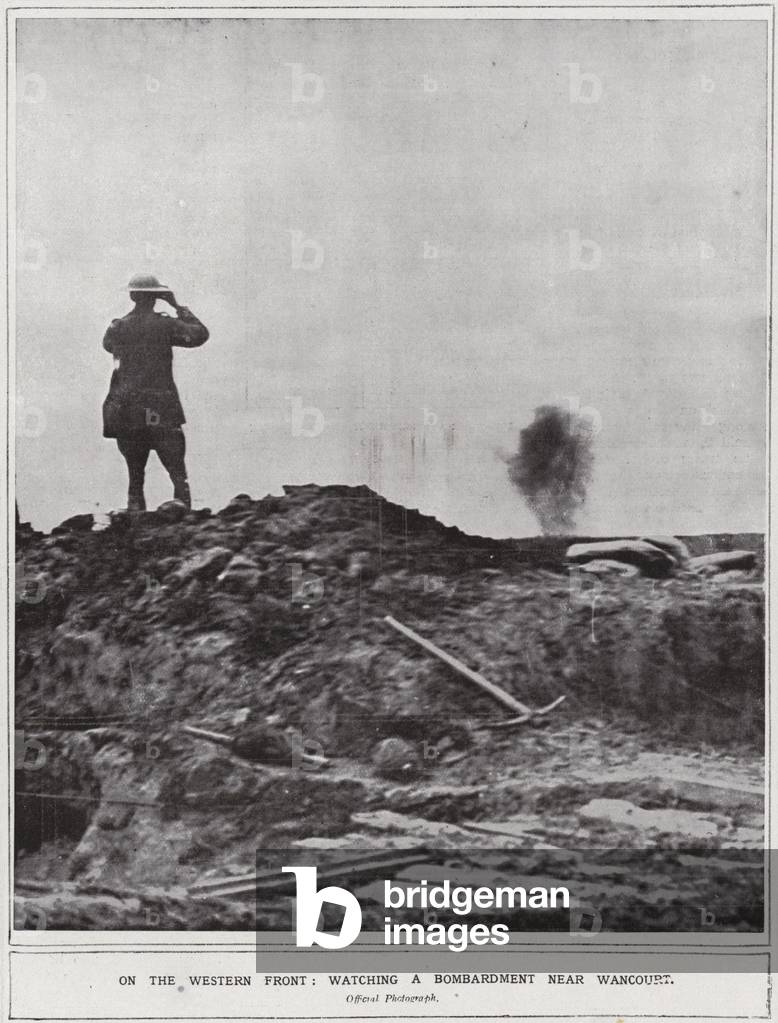 On the Western Front, watching a bombardment near Wancourt (b/w photo)