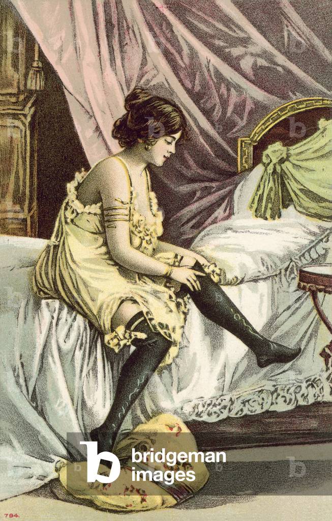 Semi-clad girl, sitting on bed, adjusting her stockings (colour litho)