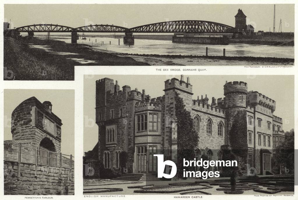 Chester: The Dee Bridge, Connahs Quay; Pemberton's Parlour; Hawarden Castle (litho)