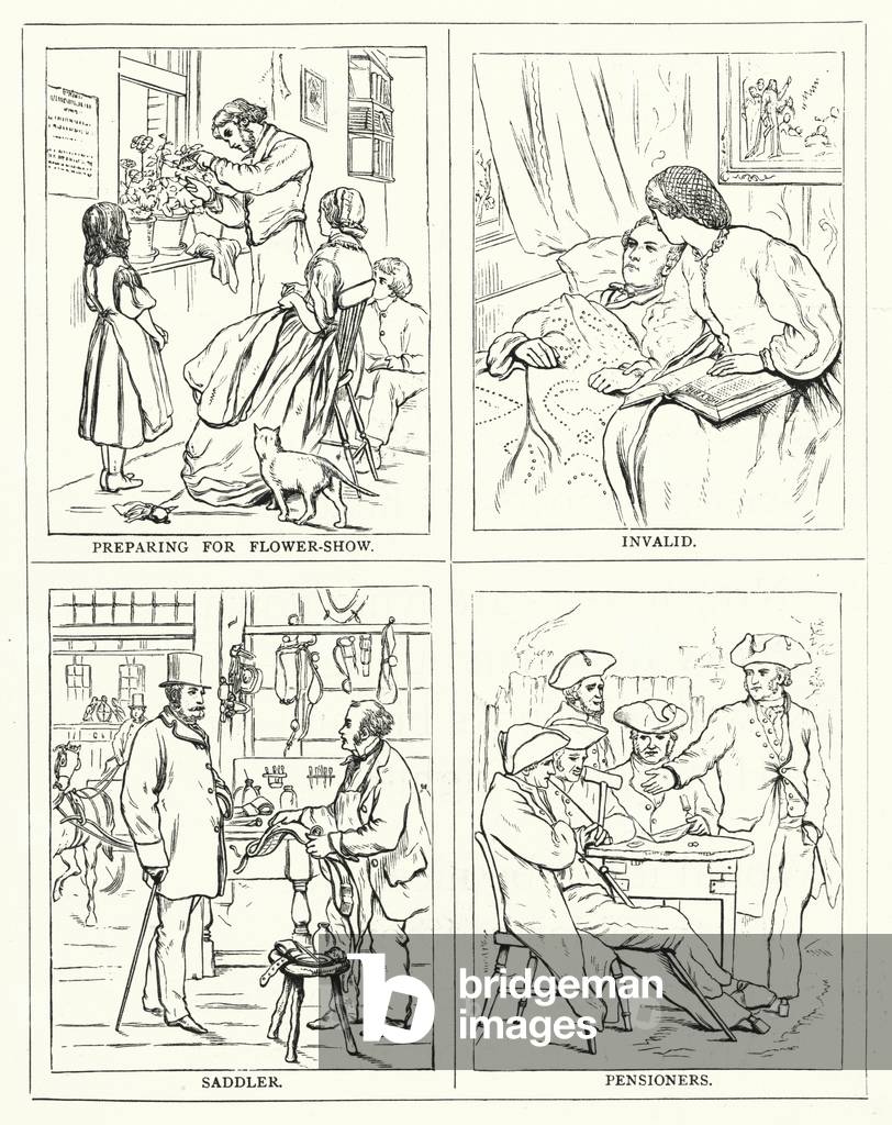 Preparing for flower-show, Invalid, Saddler, Pensioners (engraving)