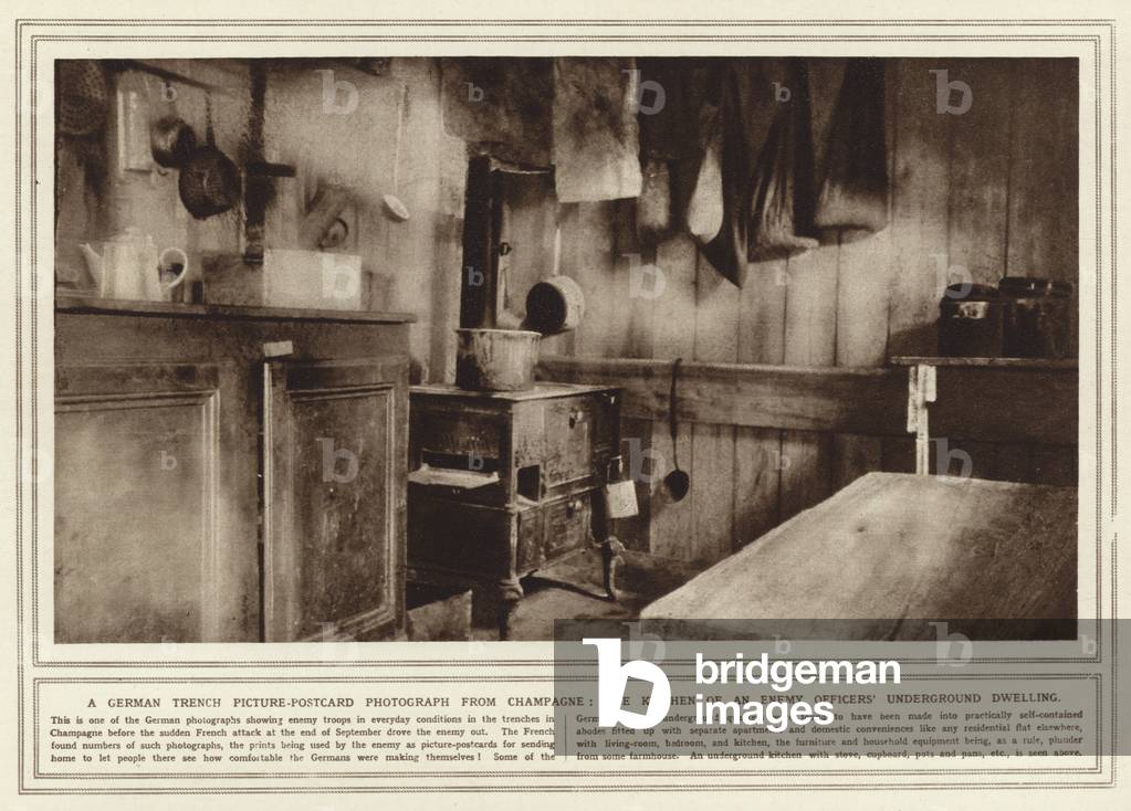 A German trench picture-postcard photograph from Champagne, the kitchen of an enemy officers' underground dwelling (b/w photo)