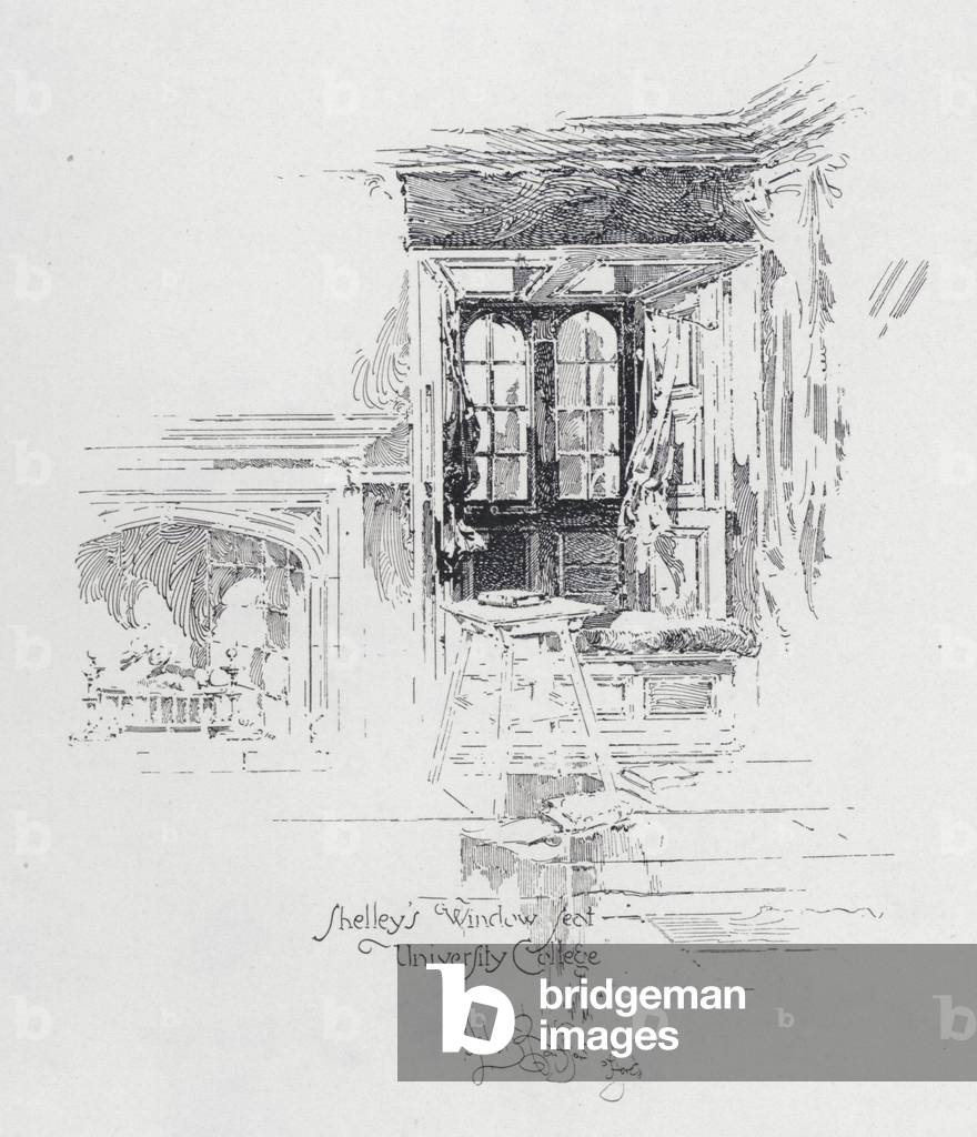 English poet Percy Bysshe Shelley's window seat at University College, Oxford (litho)
