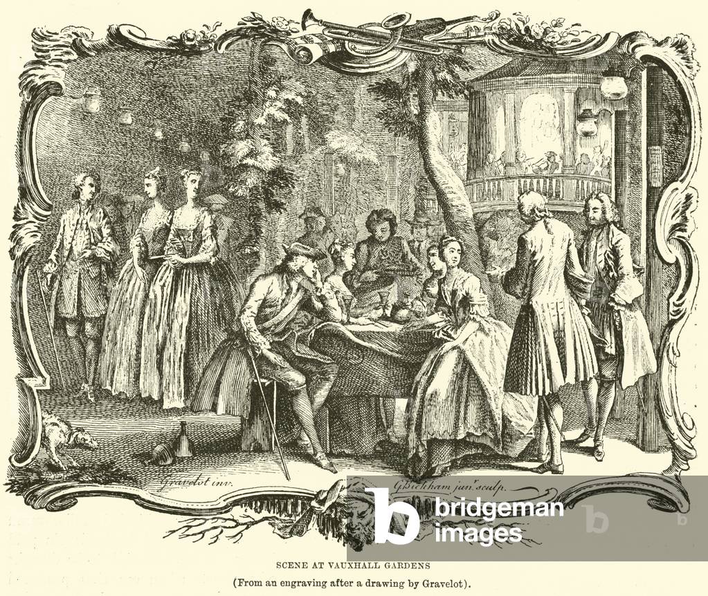 Scene at Vauxhall Gardens, (From an engraving after a drawing by Gravelot) (engraving)