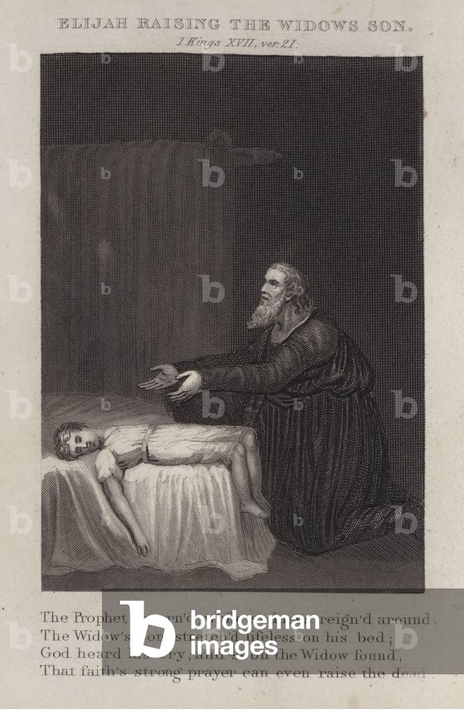 Elijah raising the widow's son, 1 Kings XVII, ver 21 (engraving)