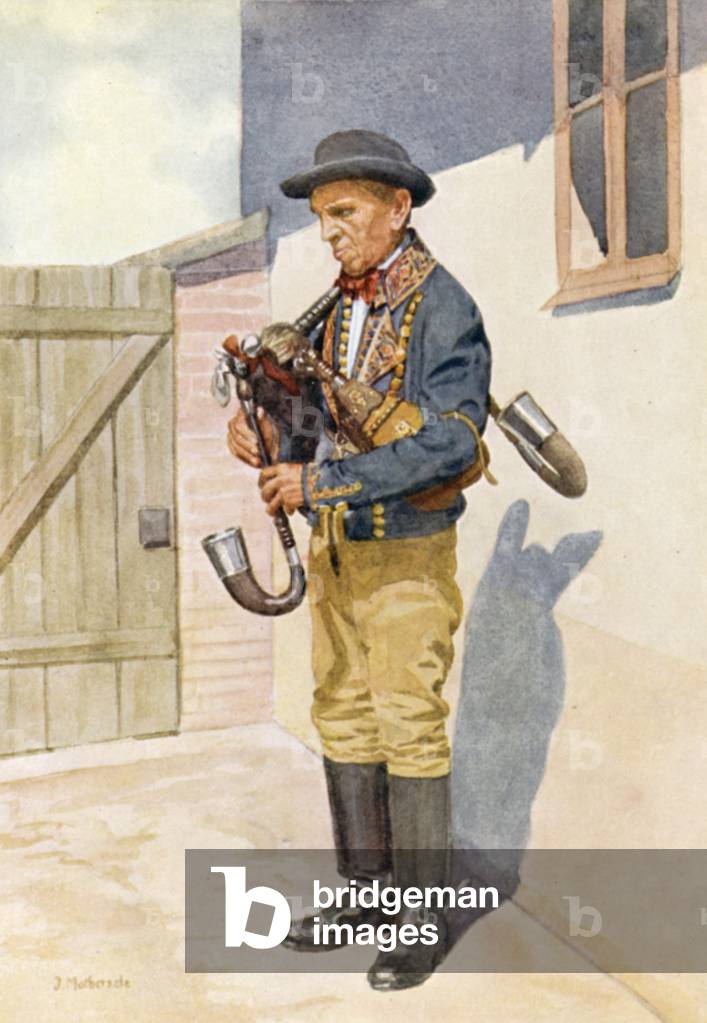 Old Bagpiper, Domazlice, Bohemia (colour litho)
