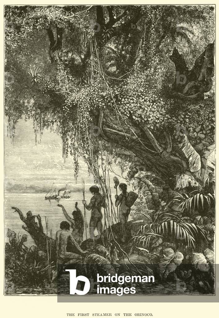 The first steamer on the Orinoco (engraving)