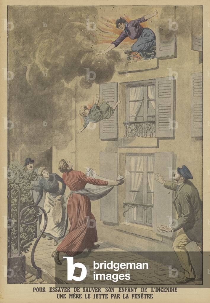 A woman trying to save her child from a their burning home by throwing him from a window (colour litho)