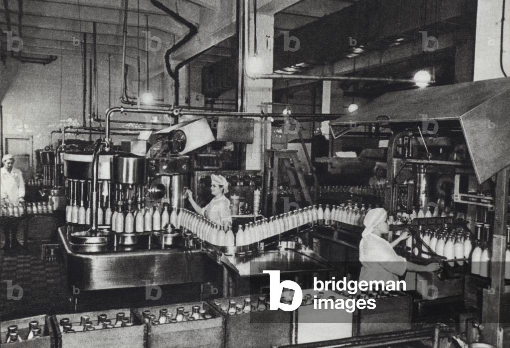 USSR circa 1960: At a Leningrad dairy (b/w photo)