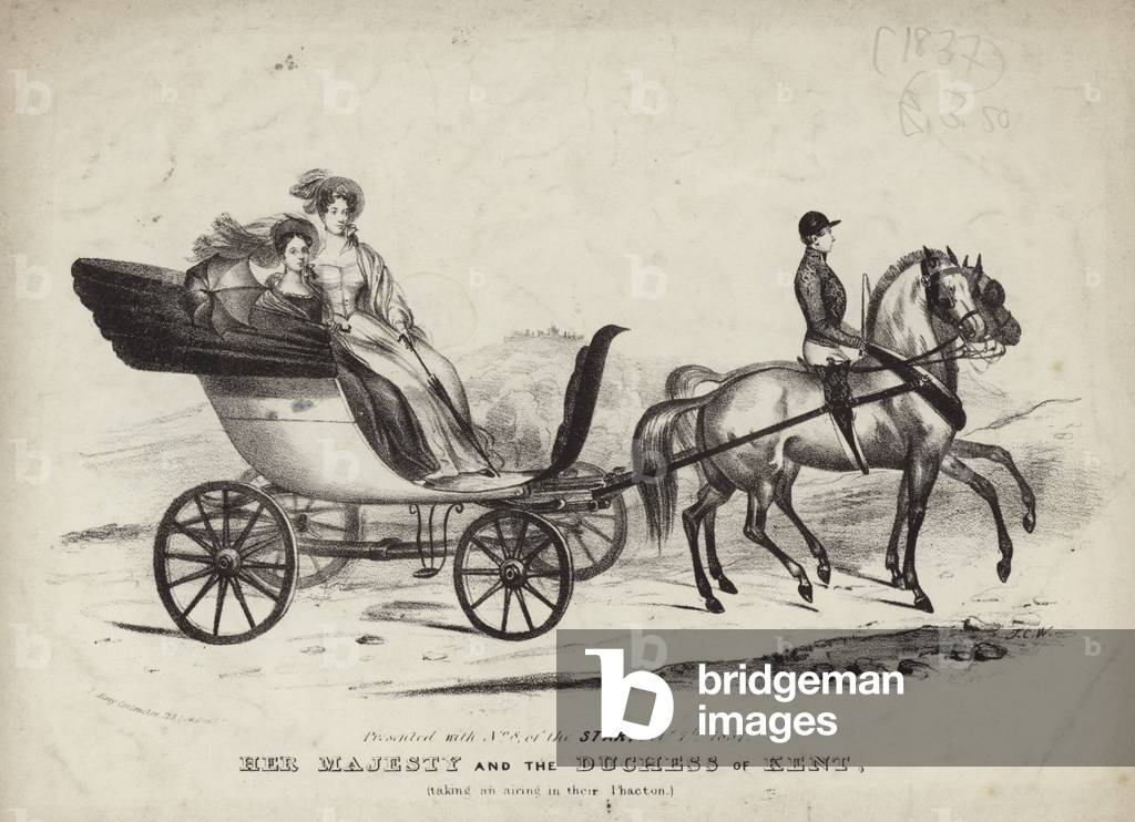 Her Majesty and the Duchess of Kent taking an airing in their Phaeton (engraving)