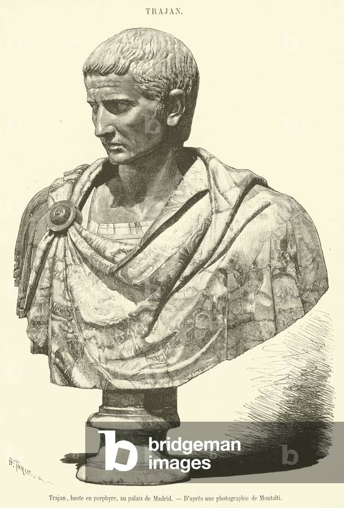 Trajan, buste en porphyre, au palais de Madrid (engraving)