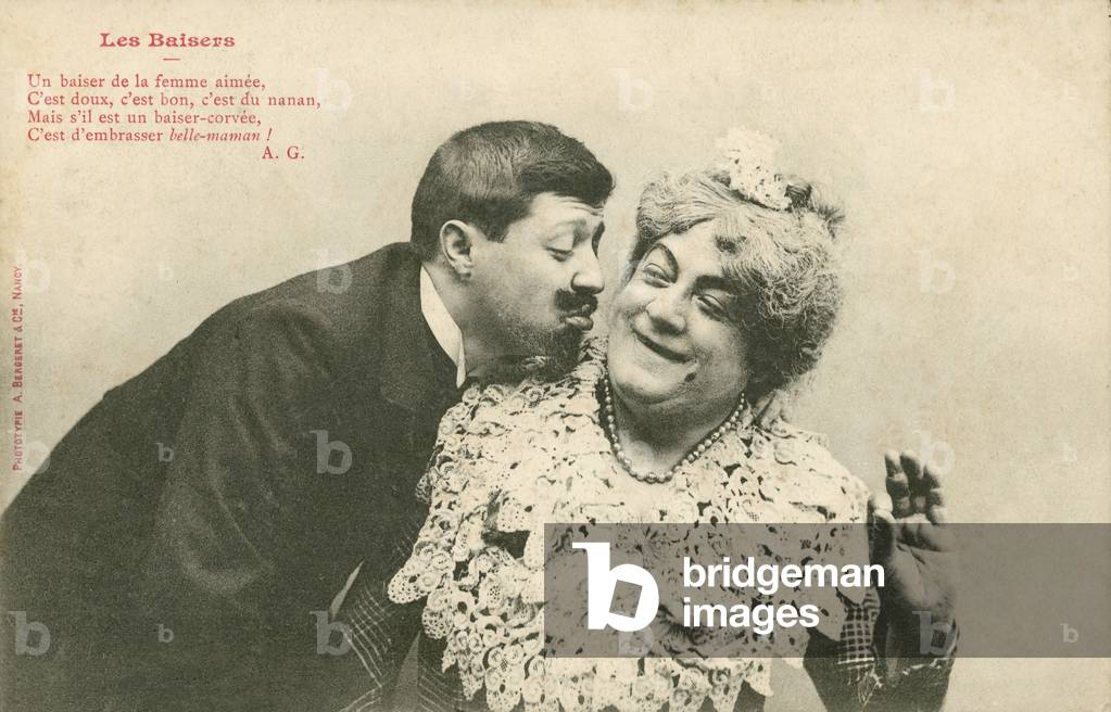 Man trying to kiss a woman (b/w photo)